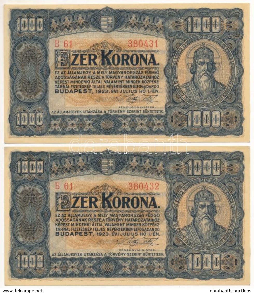 1923. 1000K (2x) Nyomdahely Jelölés Nélkül, Sorszámkövetők "B 61 380431 - B 61 380432" T:AU Sarokhajlás / Hungary 1923.  - Sin Clasificación