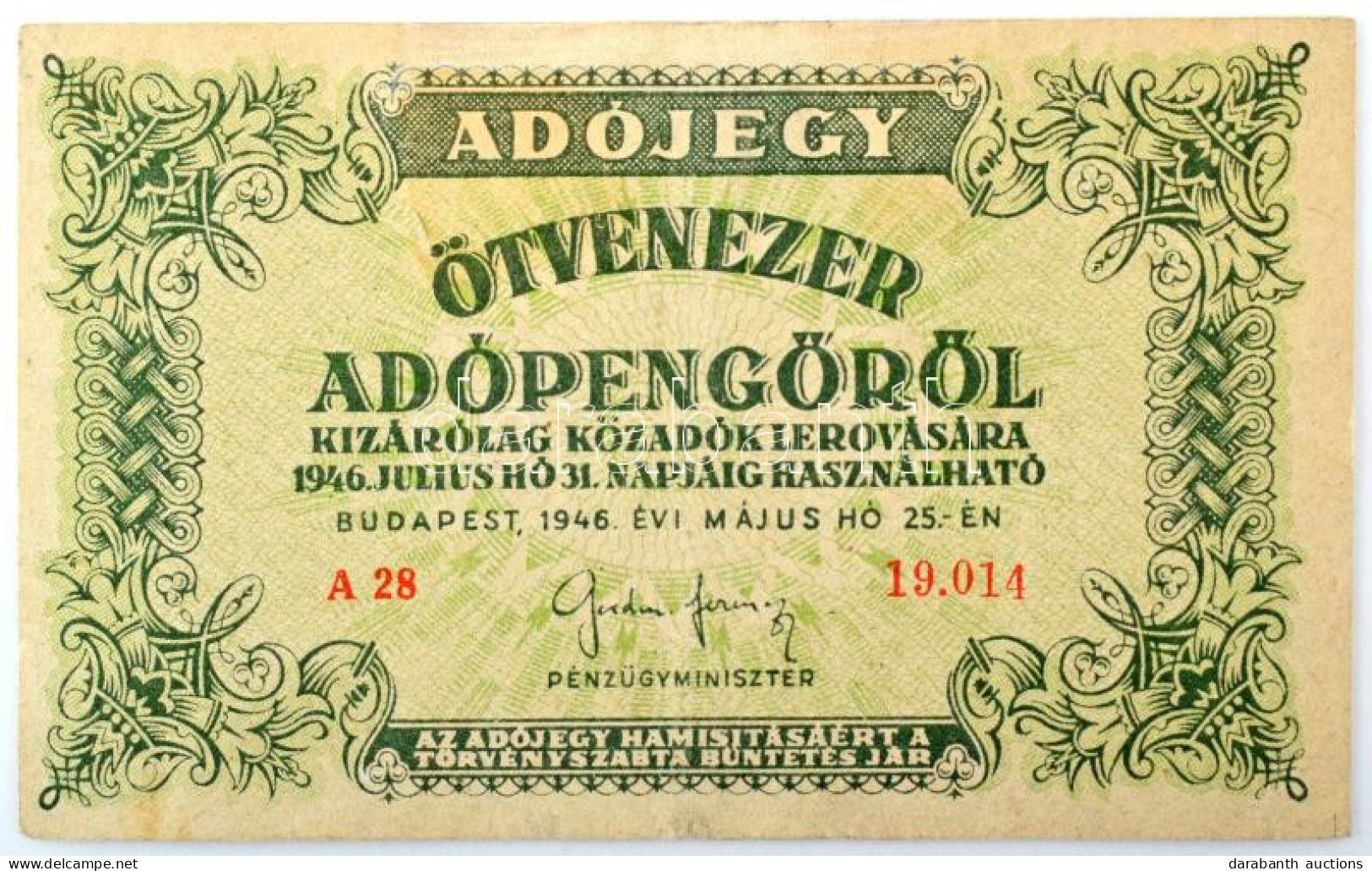 1946. 50.000AP "A28 19.014", Államkincstár Vízjellel ("AMKI") T:F Fo., Tűnyom R! / Hungary 1946. 50.000 Adópengő "A28 19 - Unclassified