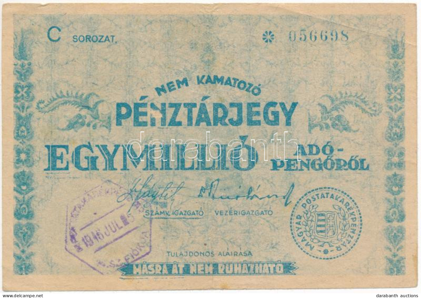 1946. 1.000.000AP Nem Kamatozó Pénztárjegy "Másra át Nem Ruházható", Előlapon "M. POSTAKARÉKPÉNZTÁR 14. SZ. FIÓKJA", Hát - Unclassified