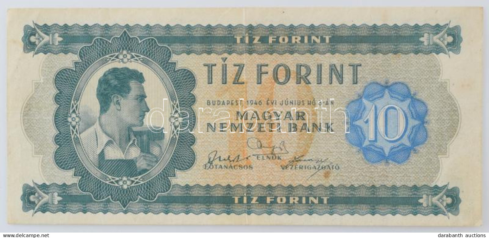 1946. 10Ft "A 085 001006" T:F Szép, Erős Papír, Apró Foltok / Hungary 1946. 10 Forint "A 085 001006" C:F Fine, Strong Pa - Unclassified