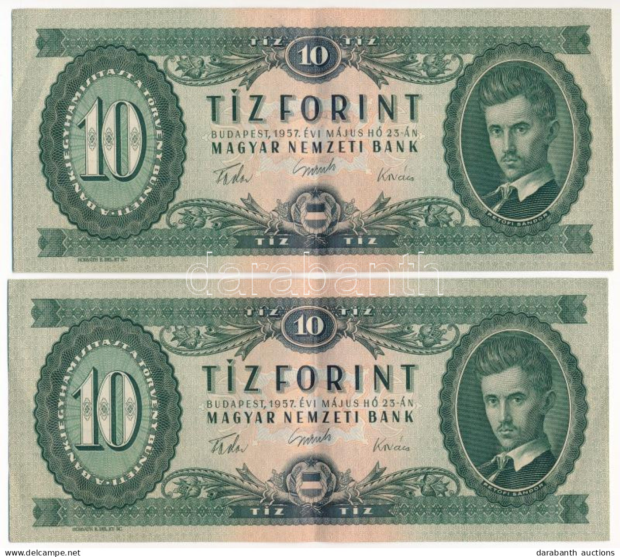 1957. 10Ft (2x) Sorszámkövetők "A 676 051197 - A 676 051198" T:F Szép Papír / Hungary 1957. 10 Forint (2x) Consecutive S - Unclassified