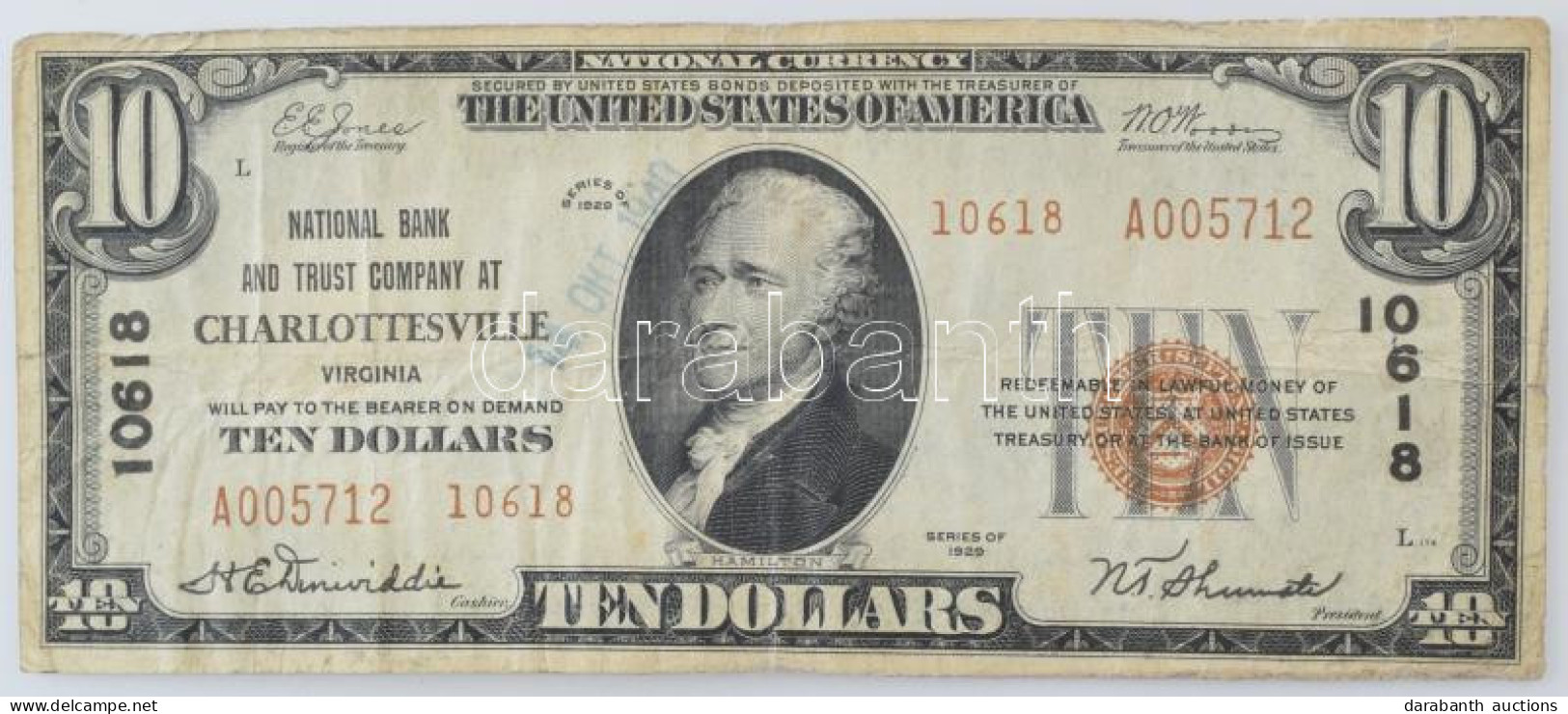 Amerikai Egyesült Államok / Virginia / Charlottesville 1929. 10$ "National Currency" Barna Pecsét "10618 A 005712", Rajt - Non Classés