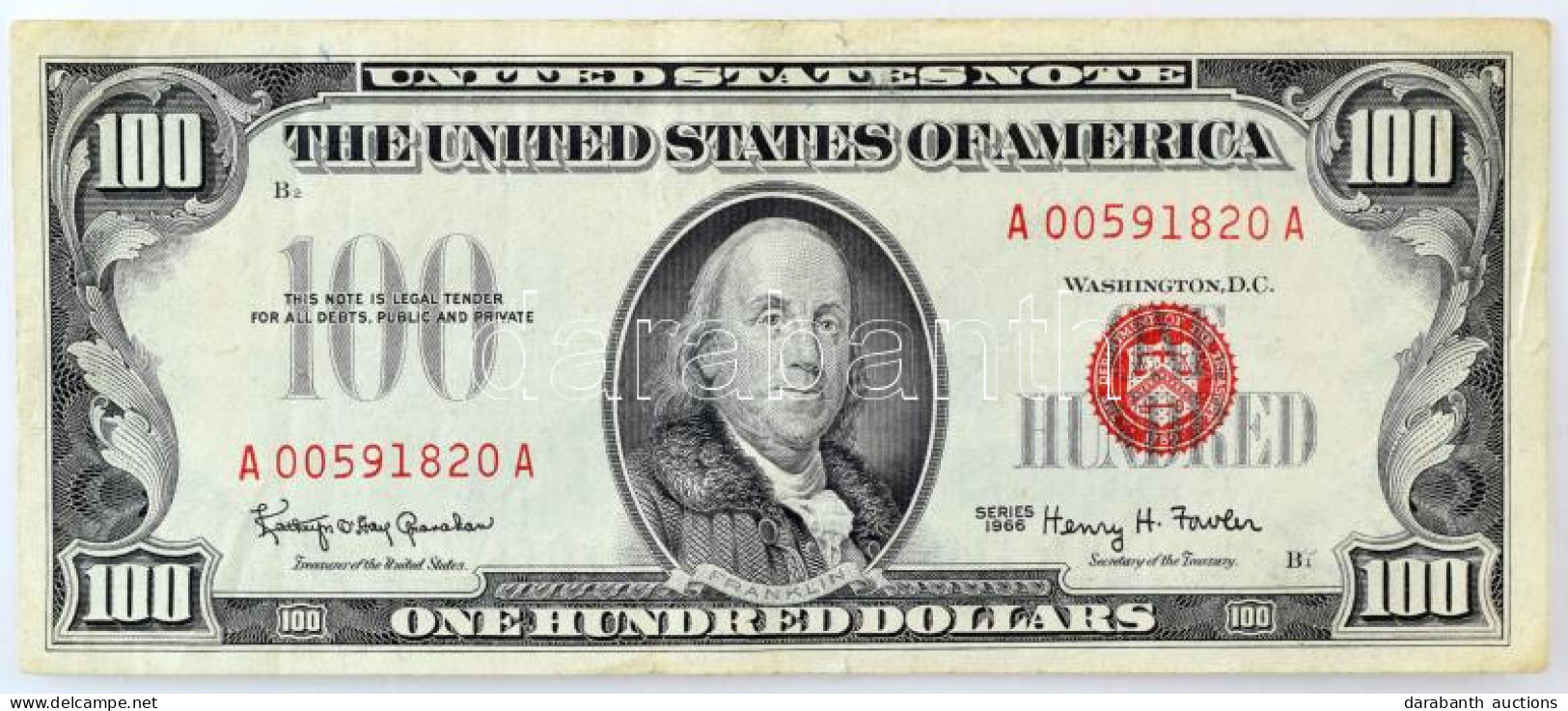 Amerikai Egyesült Államok 1966. 100$ "Federal States Note" Vörös Pecsét, "Kathryn O'Hay Granahan, Henry Hamill Fowler" " - Unclassified