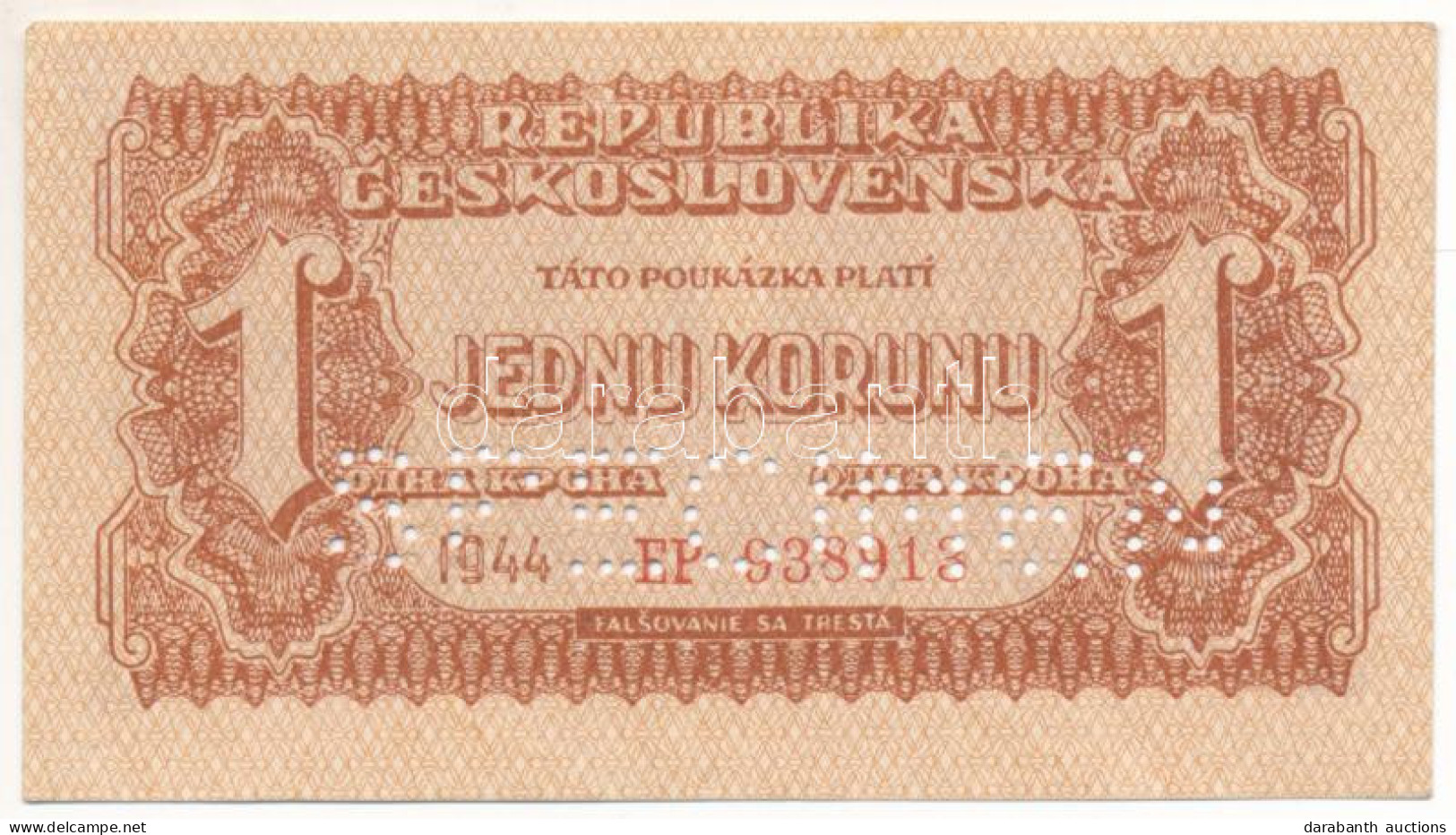 Csehszlovákia 1944. 1K "EP 938913", "SPECIMEN (MINTA)" Perforációval T:XF / Czechoslovakia 1944. 1 Koruna "EP 938913", W - Ohne Zuordnung