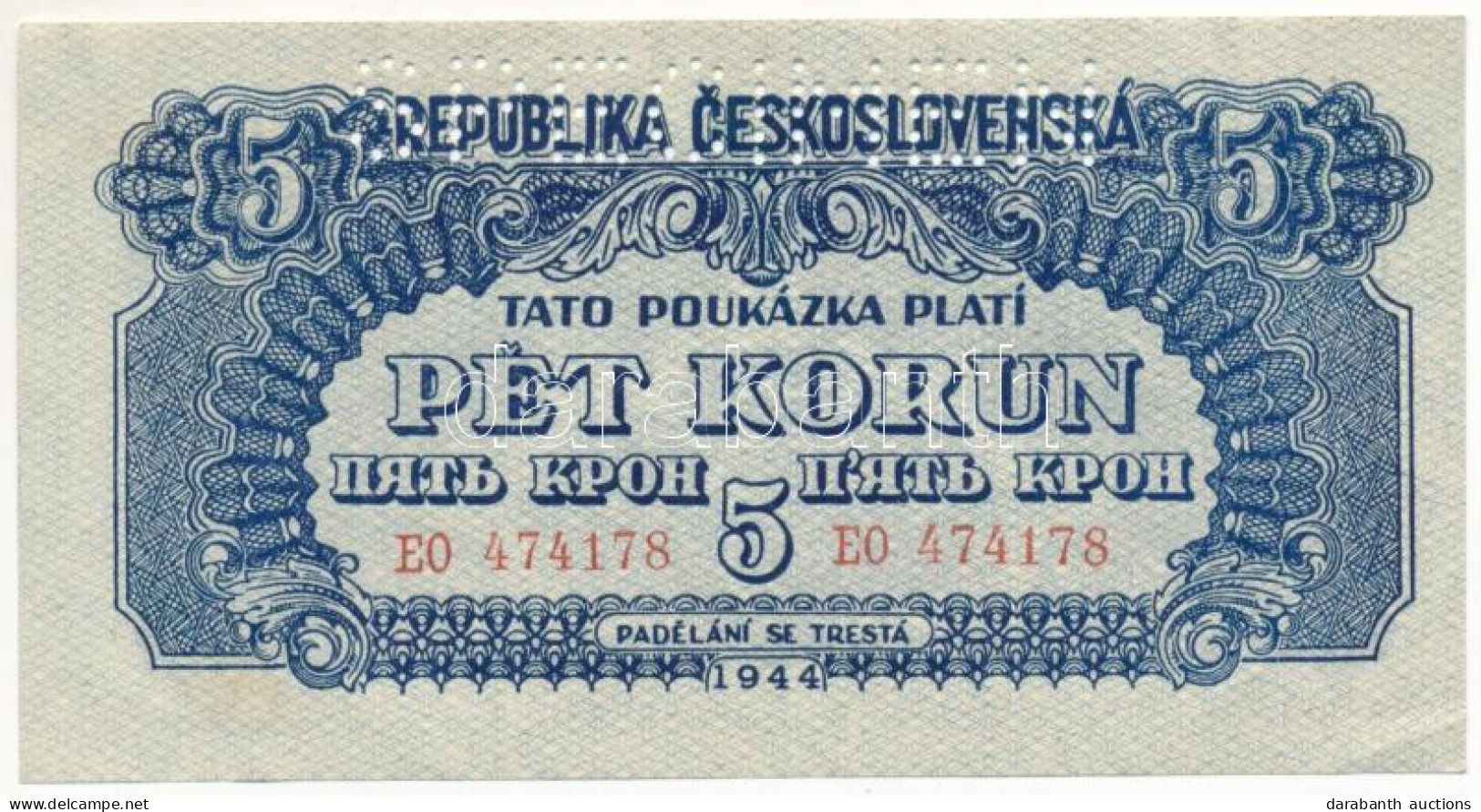 Csehszlovákia 1944. 5K "E0 474178", "SPECIMEN (MINTA)" Perforációval T:XF Hajtatlan, Sarokhajtással és Ragasztófolttal / - Non Classificati