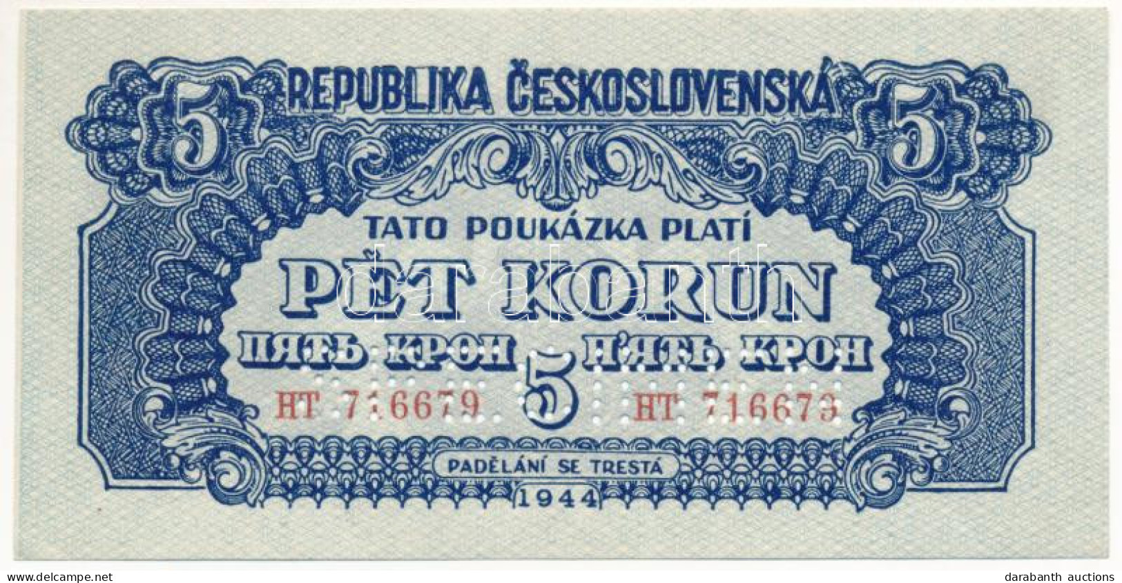 Csehszlovákia 1944. 5K "HT 716679", "SPECIMEN (MINTA)" Perforációval T:AU /  Czechoslovakia 1944. 5 Korun "HT 716679", W - Unclassified