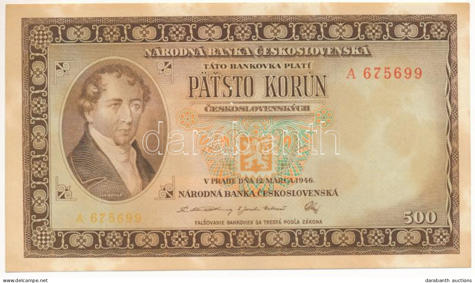 Csehszlovákia 1946. 500K Három Perforált Lyukkal, "A 675699" T:AU Foltok /  Czechoslovakia 1946. 500 Korun With 3 Perfor - Non Classés