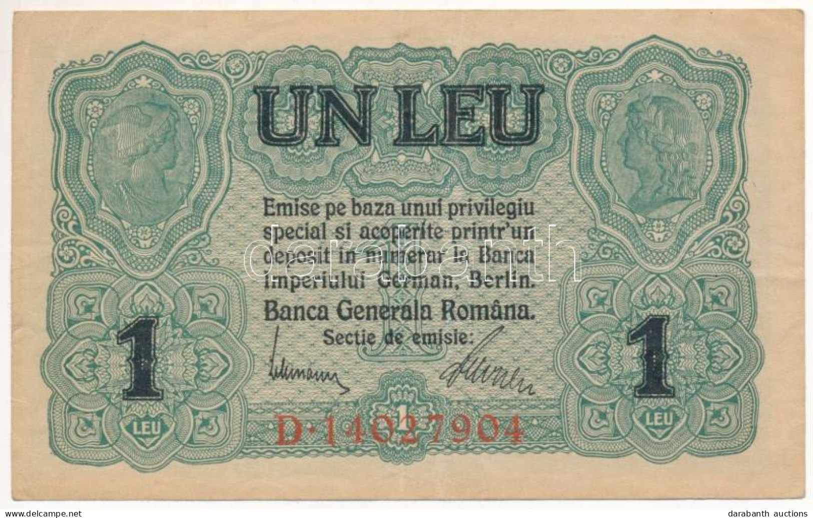 Románia / Német Megszállás 1917. 1L "D 14027904" T:F  Romania / German Occupation 1917. 1 Leu "D 14027904" C:F Krause P# - Unclassified
