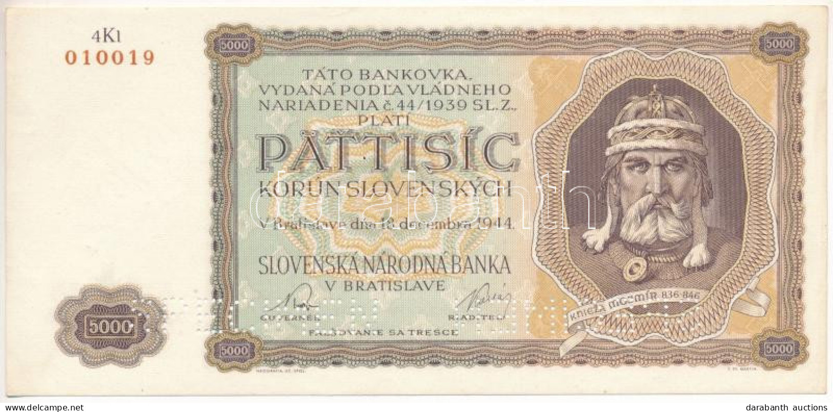 Szlovákia 1944. 5000K "4Kl 010019", "SPECIMEN (MINTA)" Perforációval T:VF / Slovakia 1944. 5000 Korun "4Kl 010019" With  - Unclassified