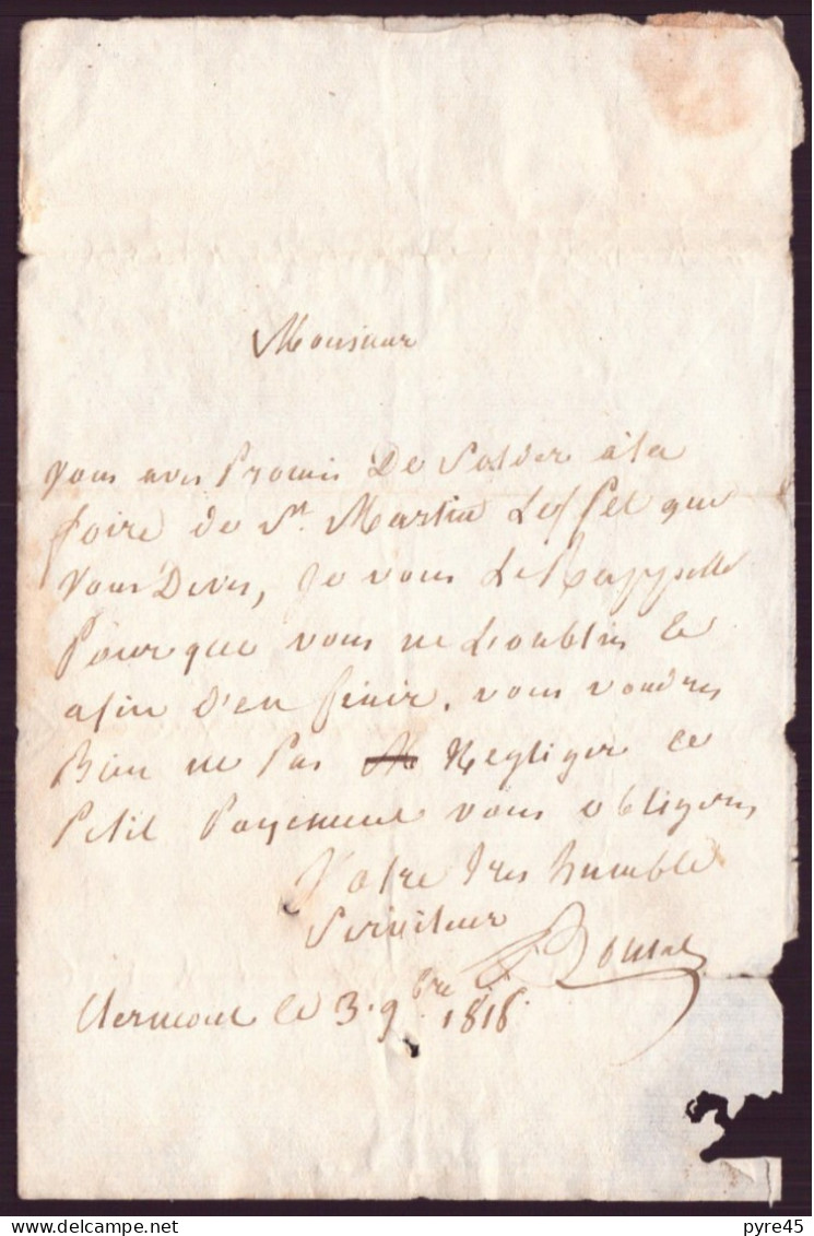 Lettre Manuscrite, Clermont-Ferrand, 1818 - Manuskripte