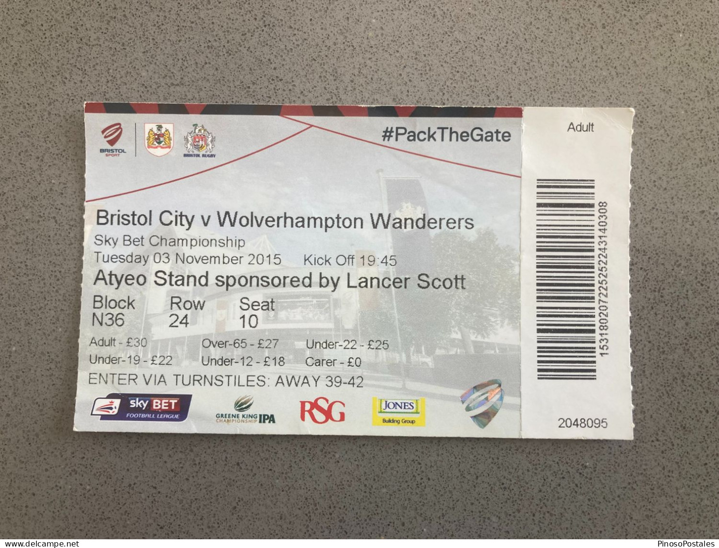 Bristol City V Wolverhampton Wanderers 2015-16 Match Ticket - Tickets & Toegangskaarten