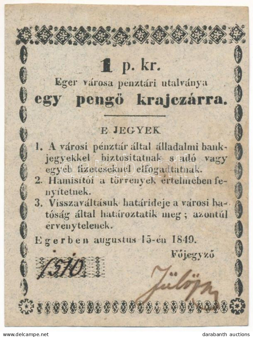 Eger 1849. 1kr Kézi Aláírással, "1510" Sorszámmal T:F Szép Papír / Hungary / Eger 1849. 1 Krajczár Necessity Note (notge - Unclassified