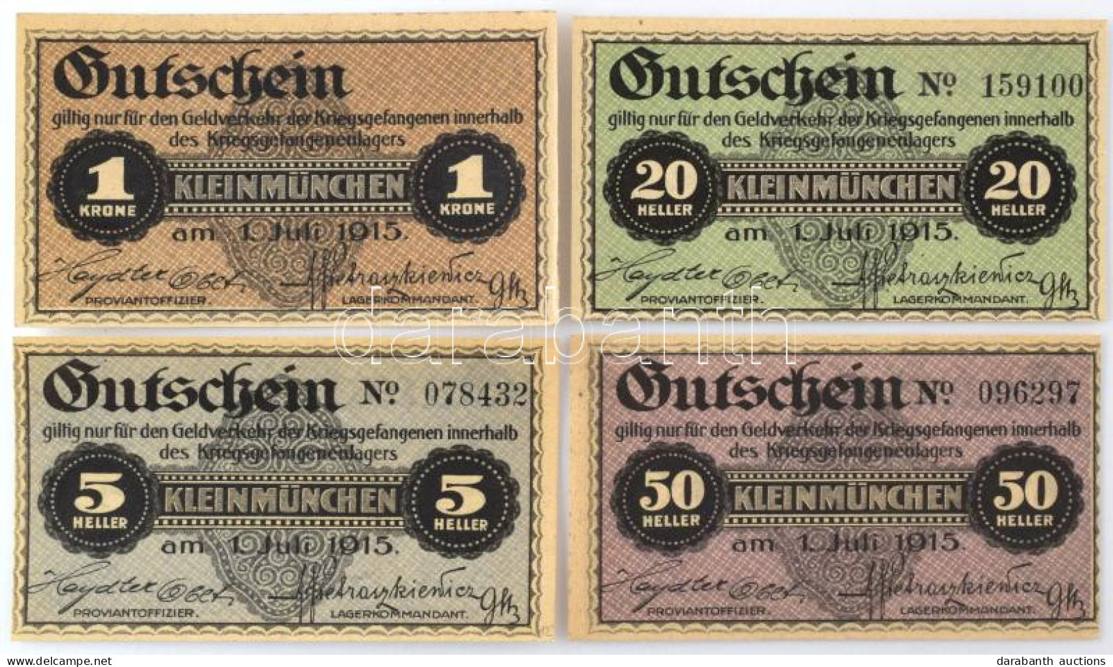 Ausztria / Kleinmünchen Hadifogolytábor 1915. 5h + 20h + 50h + 1K T:AU Sarokhajlások / Austria / Kleinmünchen POW Camp 1 - Ohne Zuordnung
