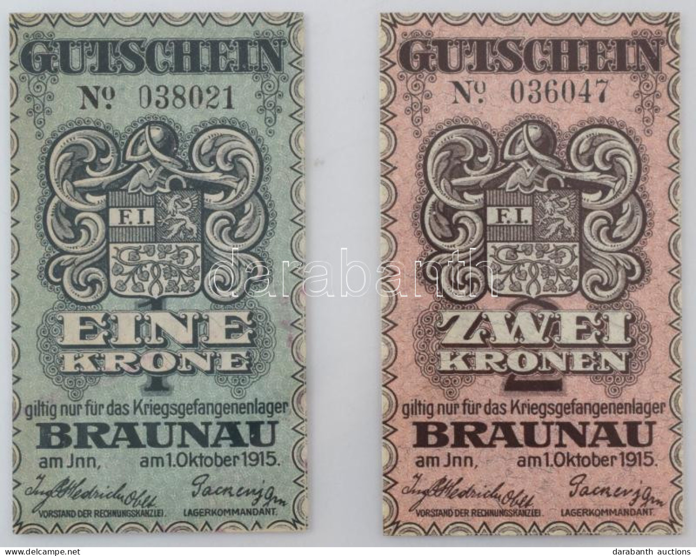 Ausztria / Braunau Hadifogolytábor 1915. 1K "038021" + 2K "036047" T:AU / Austria / Braunau POW Camp 1915. 1 Krone "0380 - Ohne Zuordnung