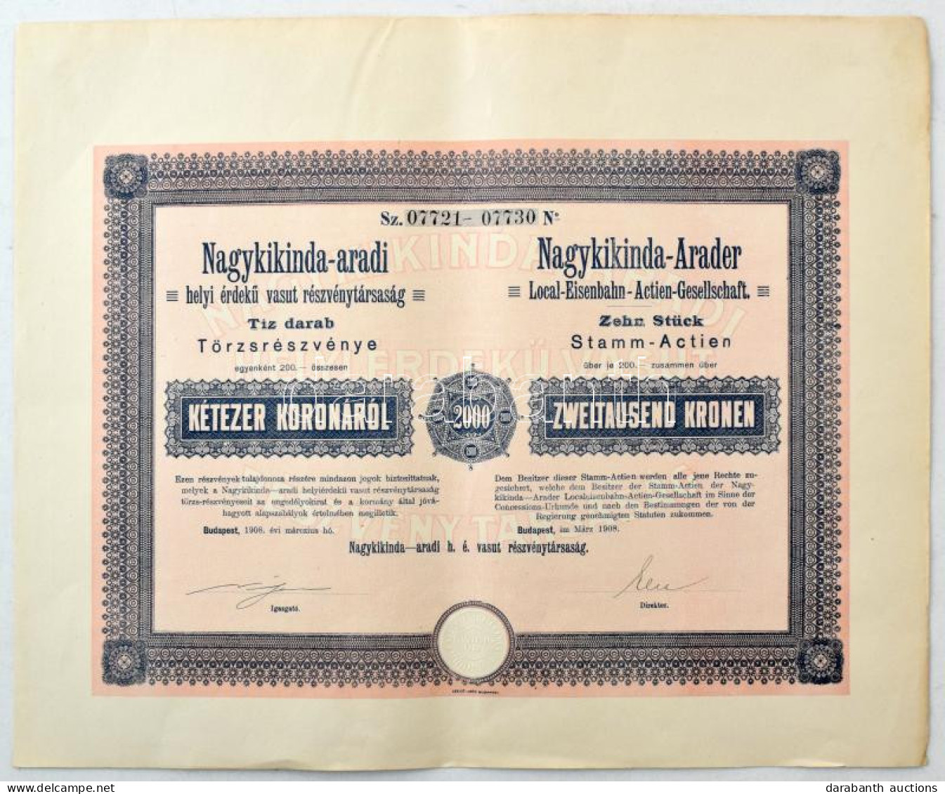 Budapest 1908. "Nagykikinda-aradi Helyi érdekű Vasut Részvénytársaság" 10db Törzsrészvénye Egyben, összesen 2000K-ról, S - Non Classificati