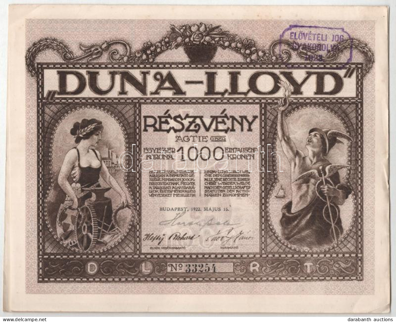 Budapest 1922. "Duna-Lloyd" Részvény 1000K-ról Bélyegzéssel, Szelvényekkel T:VF / Hungary / Budapest 1922. "Duna-Lloyd"  - Non Classés