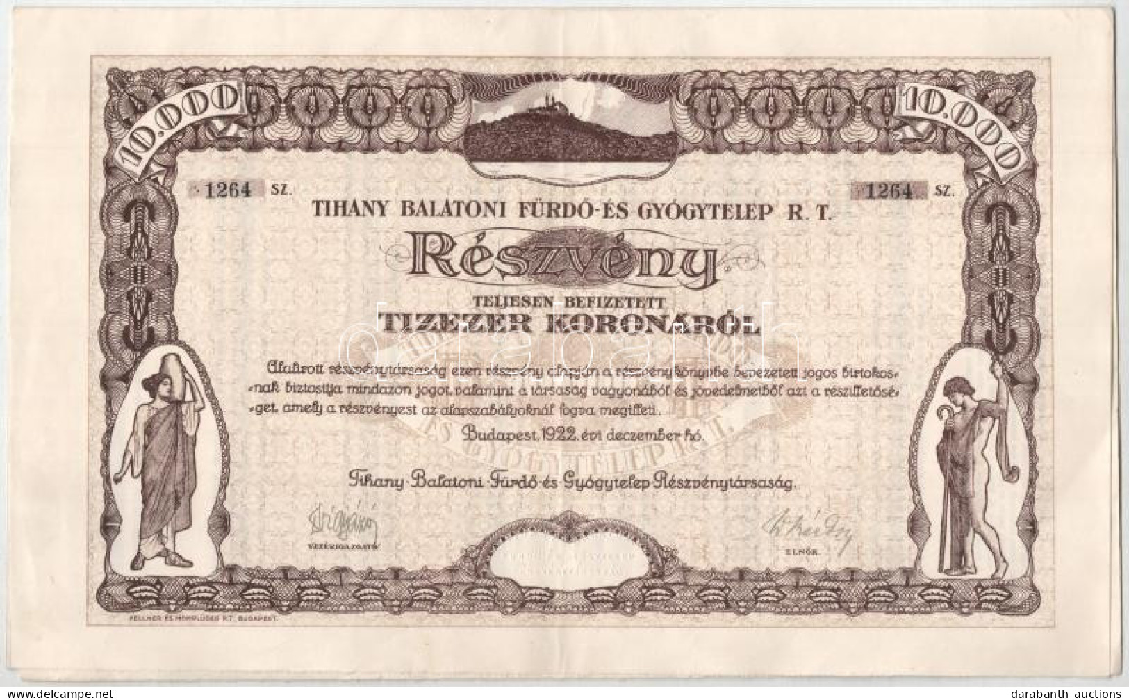 Budapest 1923. "Tihany Balatoni Fürdő- és Gyógytelep Részvénytársaság" Részvénye 10.000K-ról, Szelvényekkel, Szárazpecsé - Unclassified