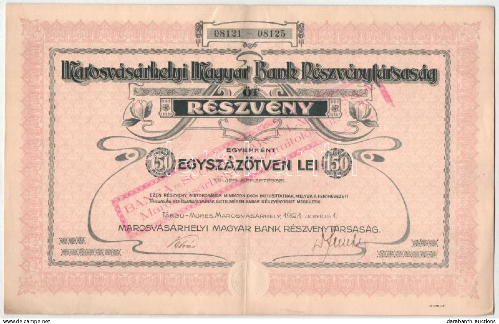 Románia / Marosvásárhely 1921. "Marosvásárhelyi Magyar Bank Részvénytársaság" 5db Részvénye Egyben, Egyenklnt 150L-ről , - Non Classés