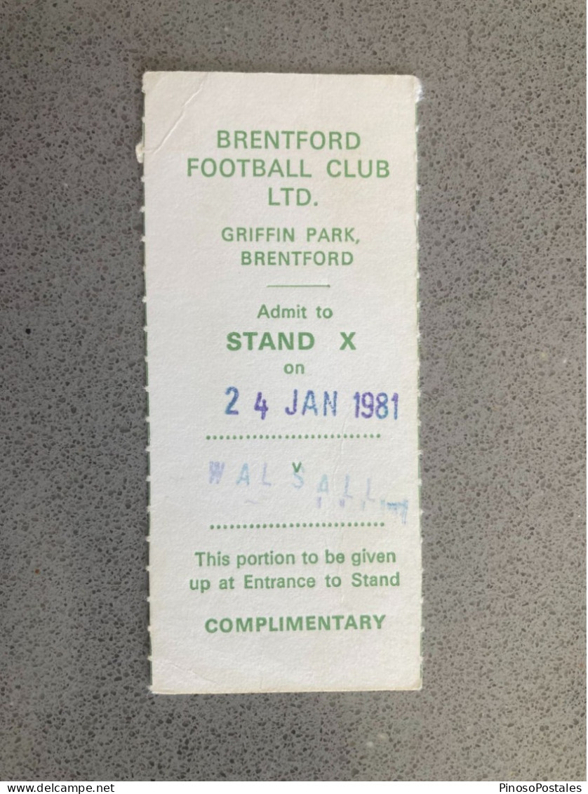 Brentford V Walsall 1980-81 Match Ticket - Tickets & Toegangskaarten