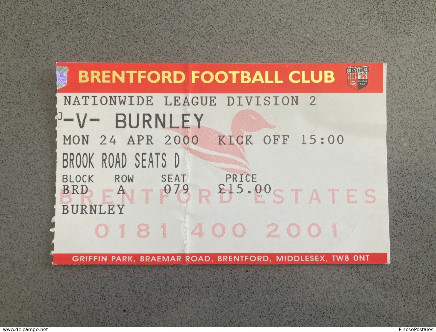 Brentford V Burnley 1999-00 Match Ticket - Tickets & Toegangskaarten