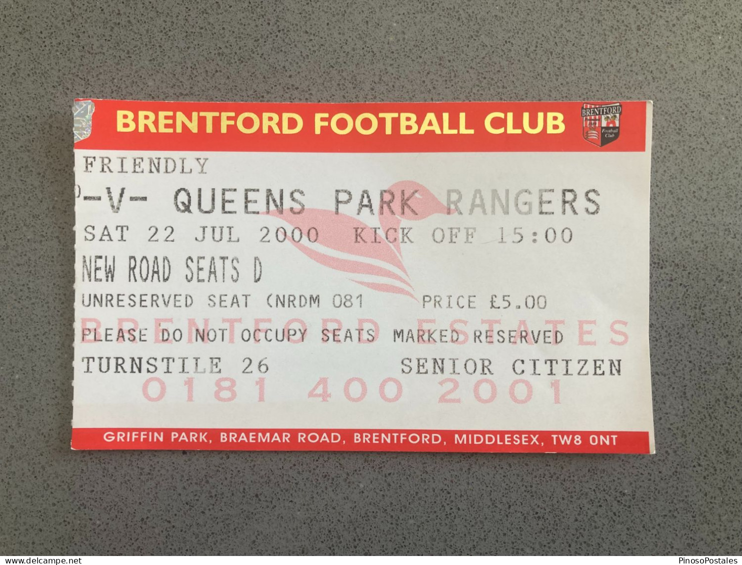 Brentford V Queens Park Rangers 2000-01 Match Ticket - Tickets & Toegangskaarten