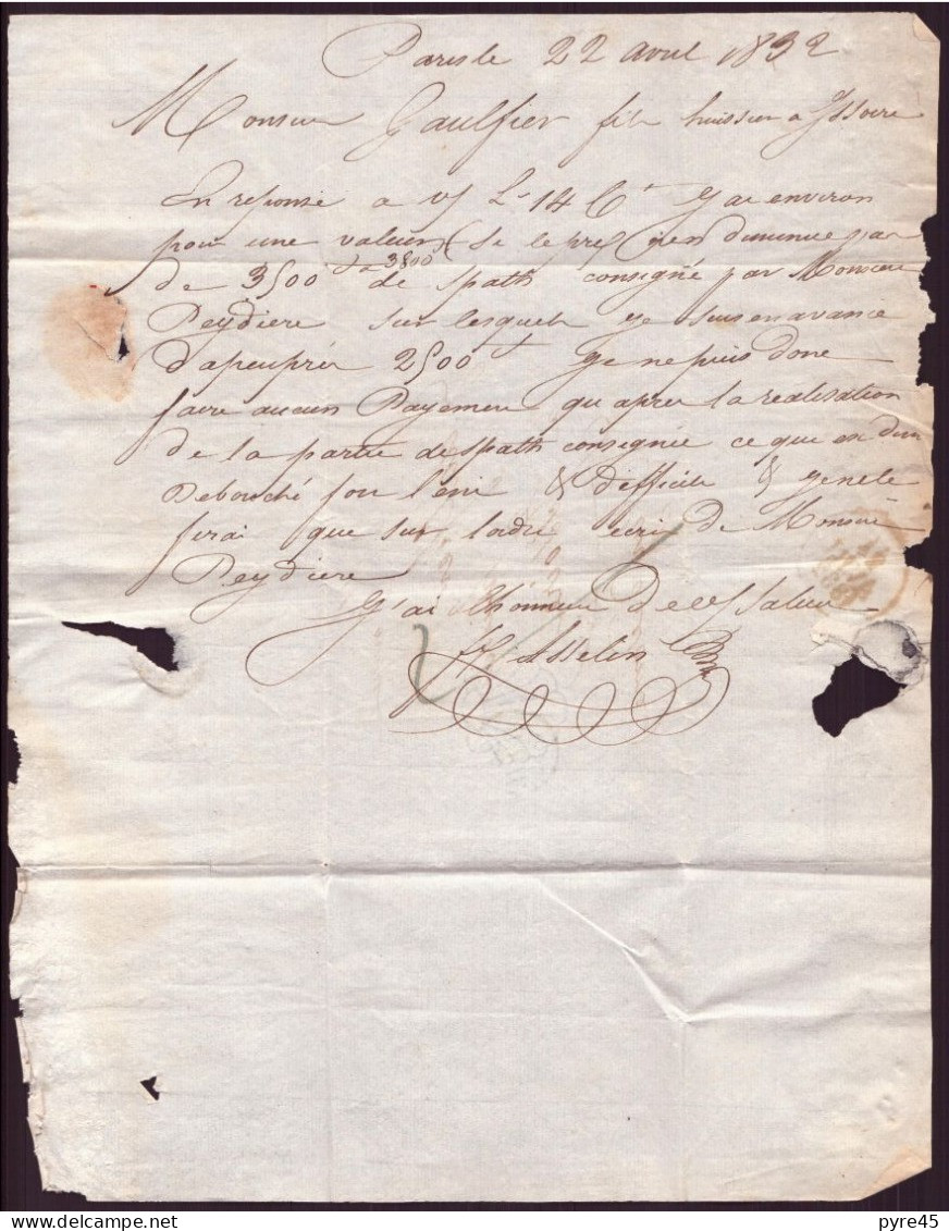 Lettre Manuscrite Du 22 Avril 1832 De Paris Pour Issoire - Manuscripts