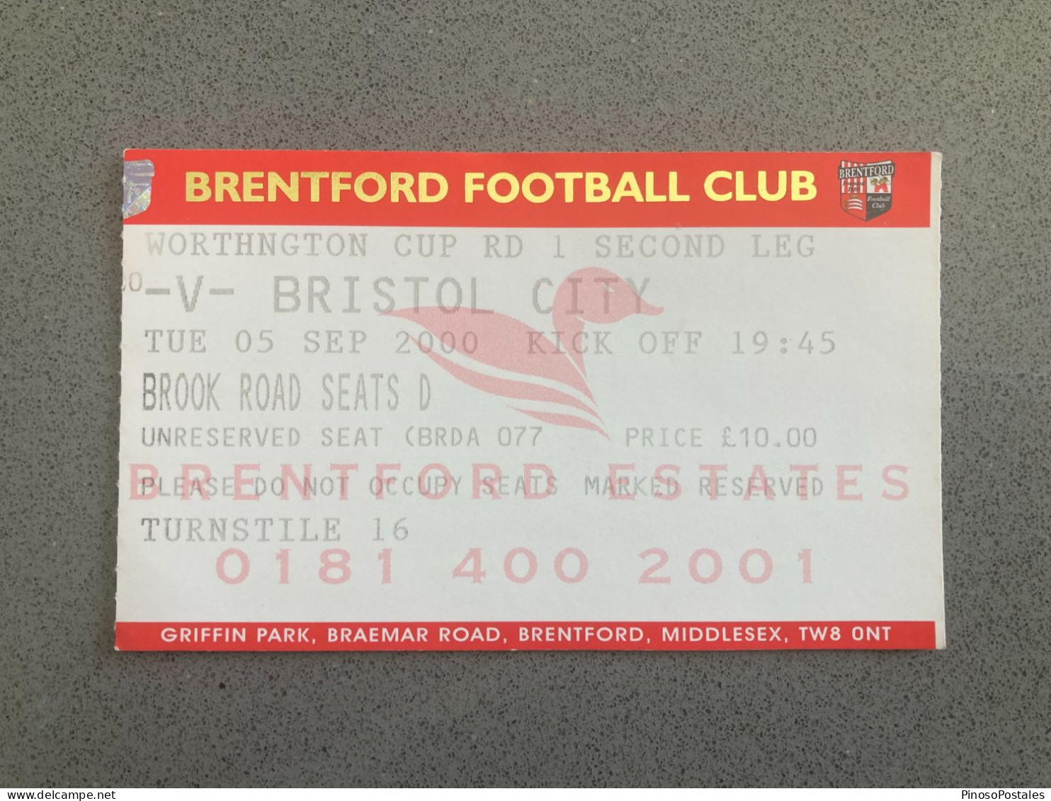 Brentford V Bristol City 2000-01 Match Ticket - Tickets & Toegangskaarten