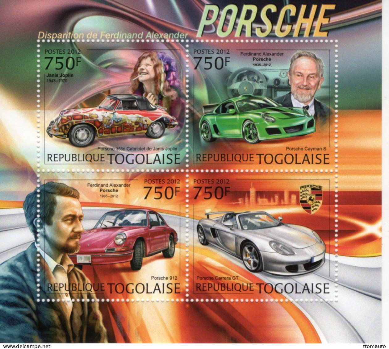 Togolaise 2012 -  Disparition De Ferdinand Porsche - Porsche 356-Cayman S-912-Carrera GT  - 4v Sheet Neuf/MNH - Cars