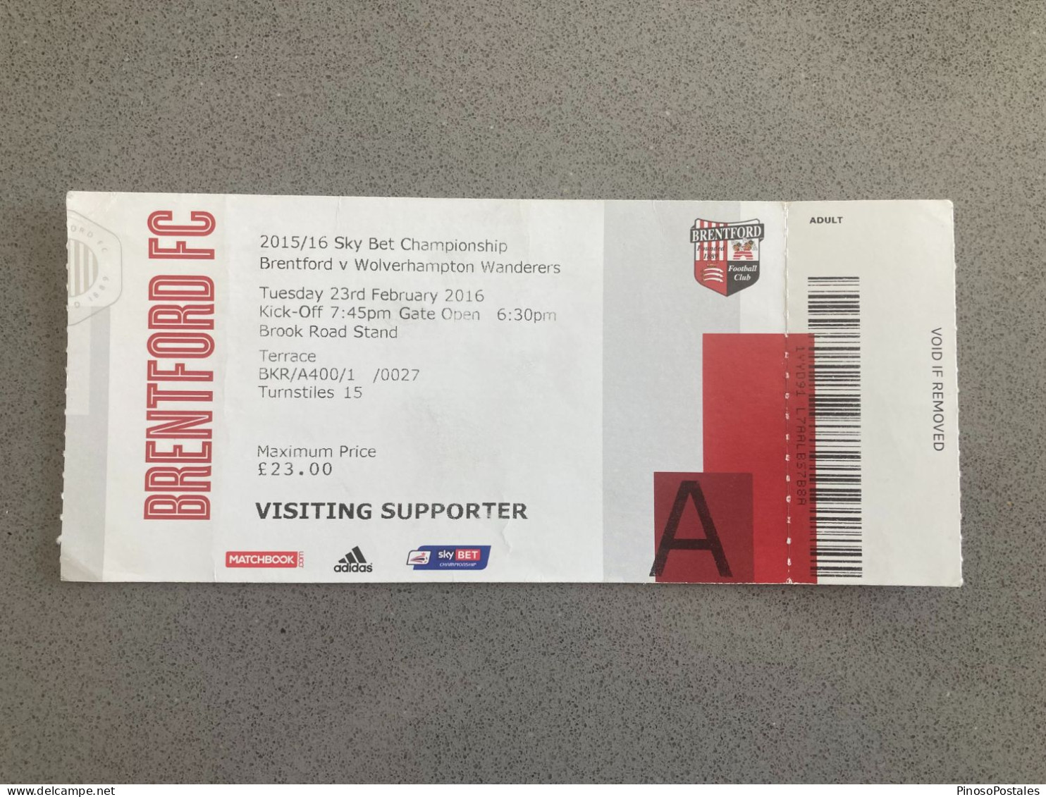 Brentford V Wolverhampton Wanderers 2015-16 Match Ticket - Tickets & Toegangskaarten