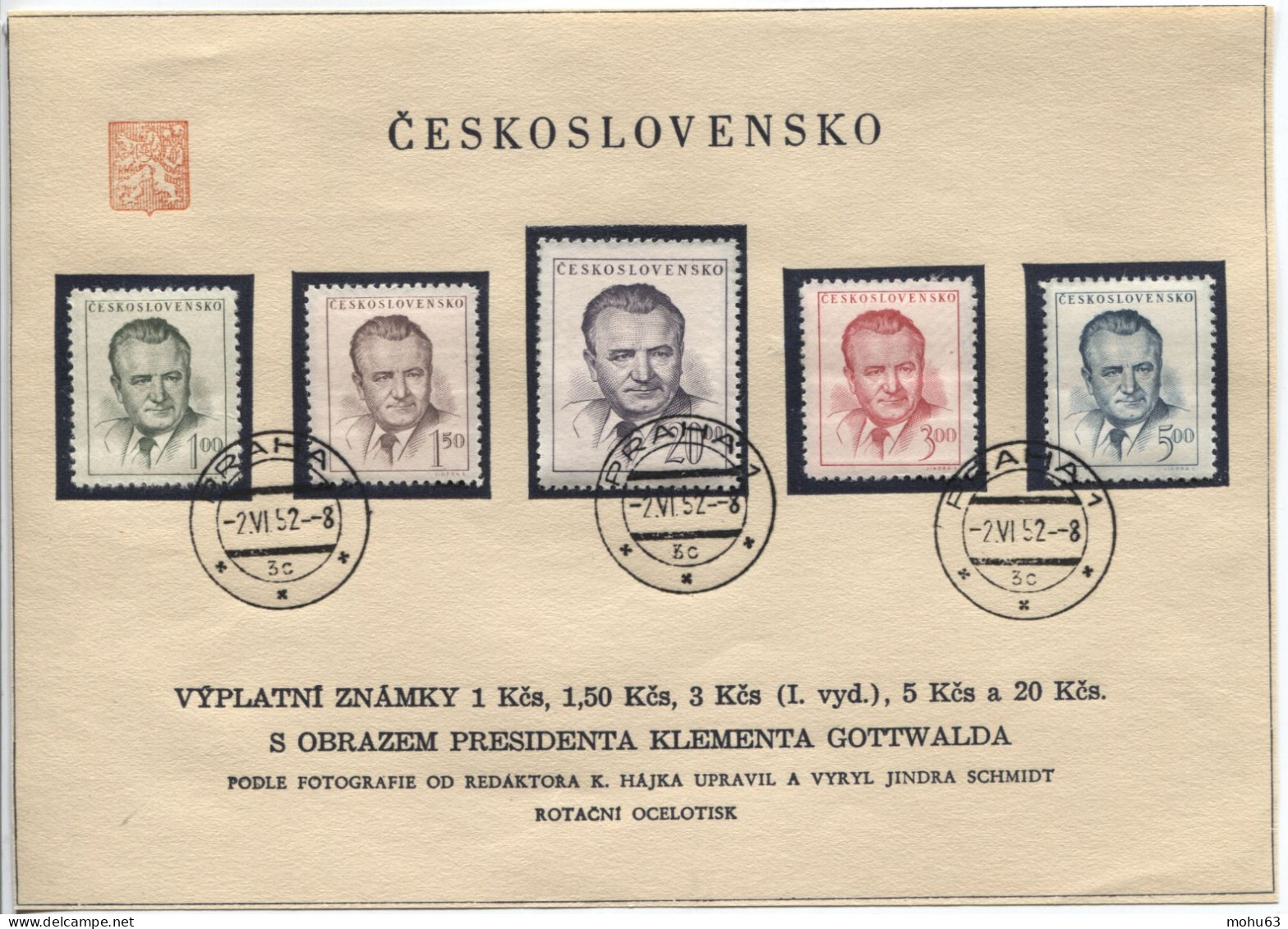 Tschechoslowakei # 740 Ersttagsblatt-Ausschnitt  Ergänzungswert 2.6.52 Ub '3c' - Lettres & Documents