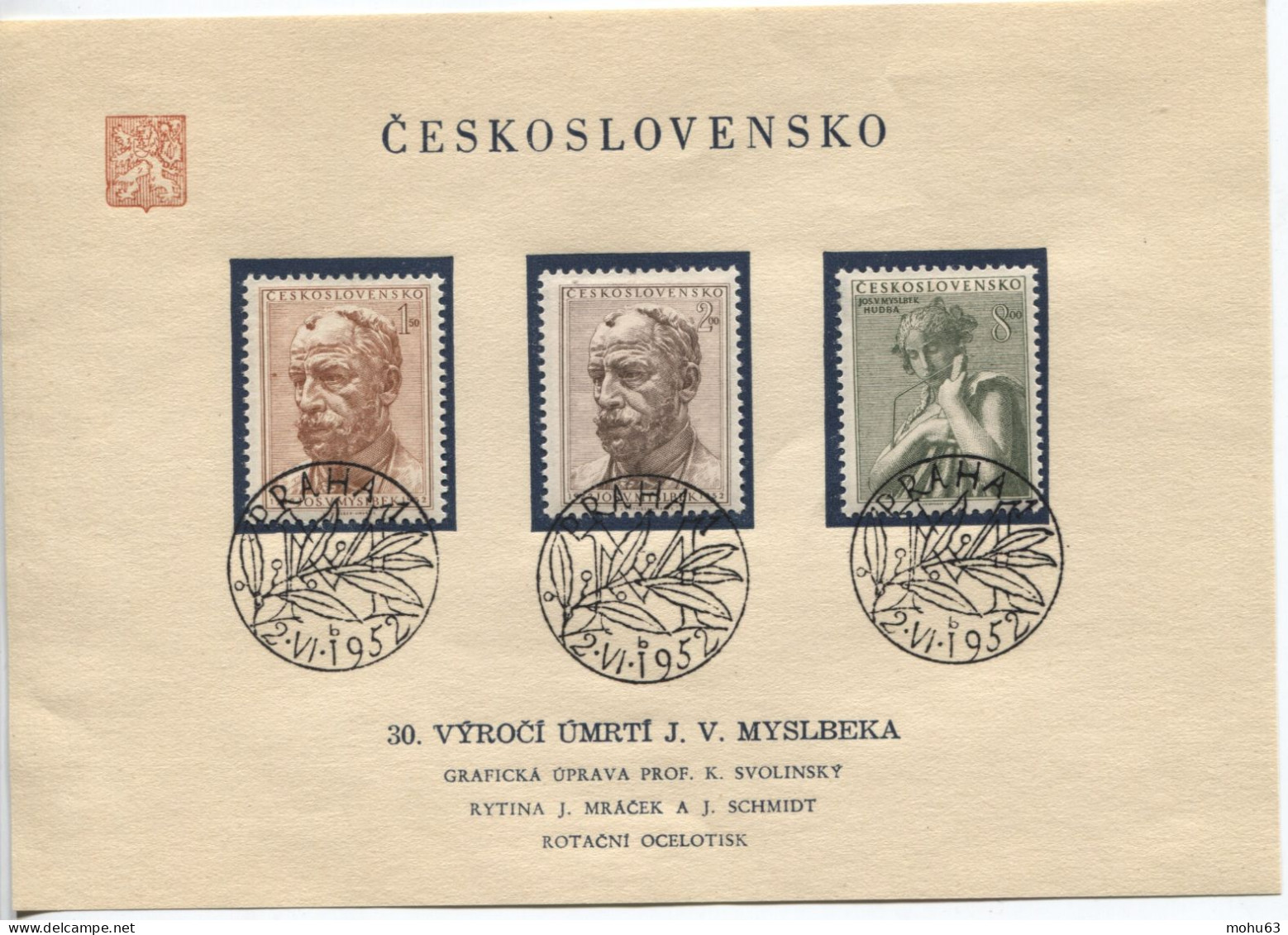 Tschechoslowakei # 734-6 Briefstück Ersttagsstempel Josef Myslbek Bildhauer - Cartas & Documentos