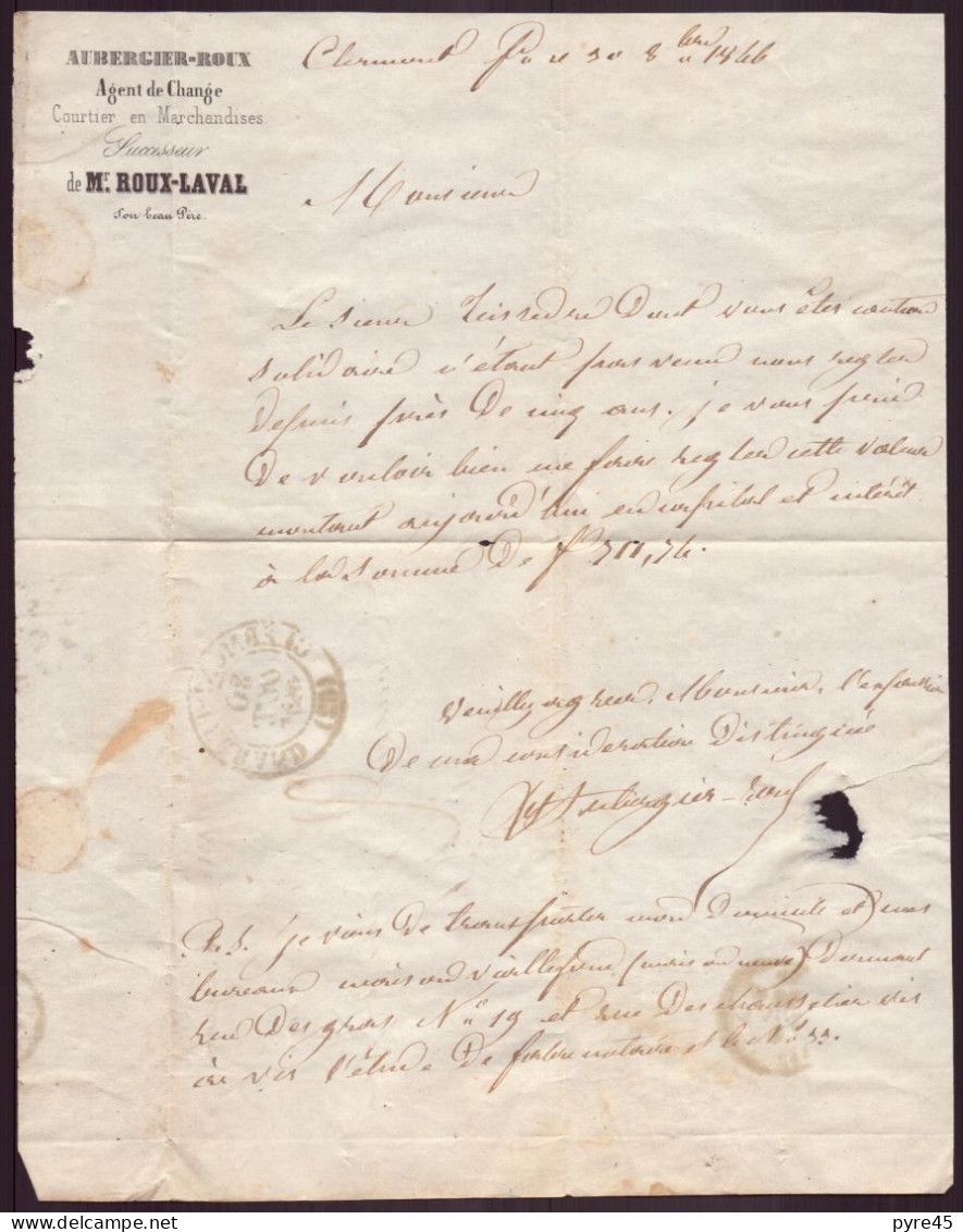 Lettre à En-tête " Aubergier-Roux, Agent De Change " Du 30 Octobre 1846 De Clermont Pour Besse - Manuscrits