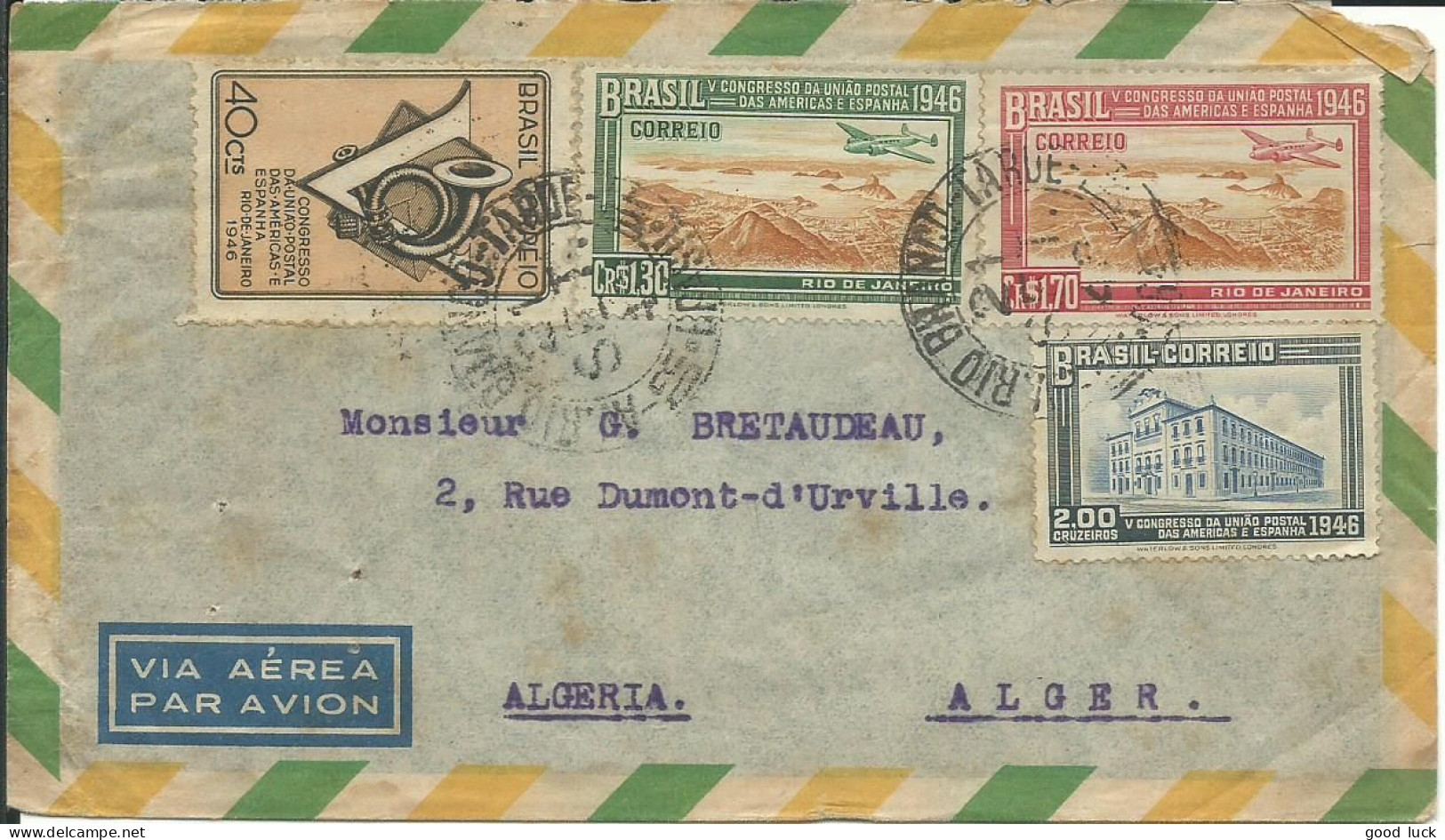 BRESIL LETTRE PAR AVION  5$40  RIO BRANCO POUR ALGER ( ALGERIE ) DE 1946 LETTRE COVER - Covers & Documents