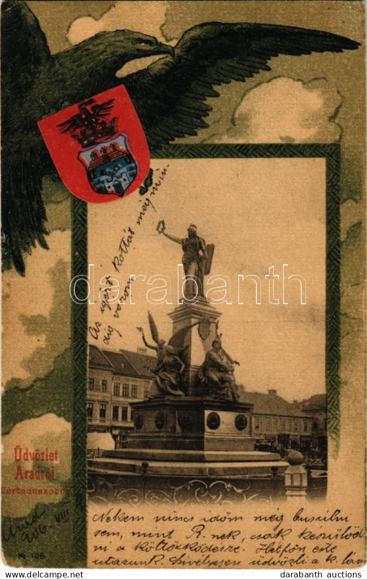 T2/T3 1906 Arad, Vértanú Szobor. Szecessziós Litho Keret Címerrel / Martyrs' Monument. Art Nouveau Litho With Coat Of Ar - Unclassified