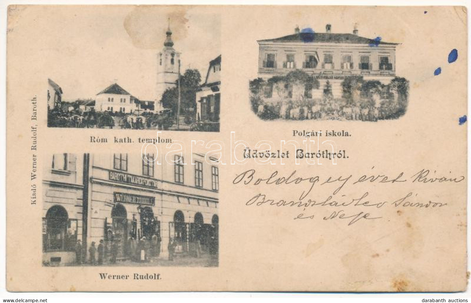 T3 1901 Barót, Baraolt; Római Katolikus Templom, Polgári Iskola, Takarékpénztár, Piac, Werner Rudolf üzlete és Saját Kia - Non Classés