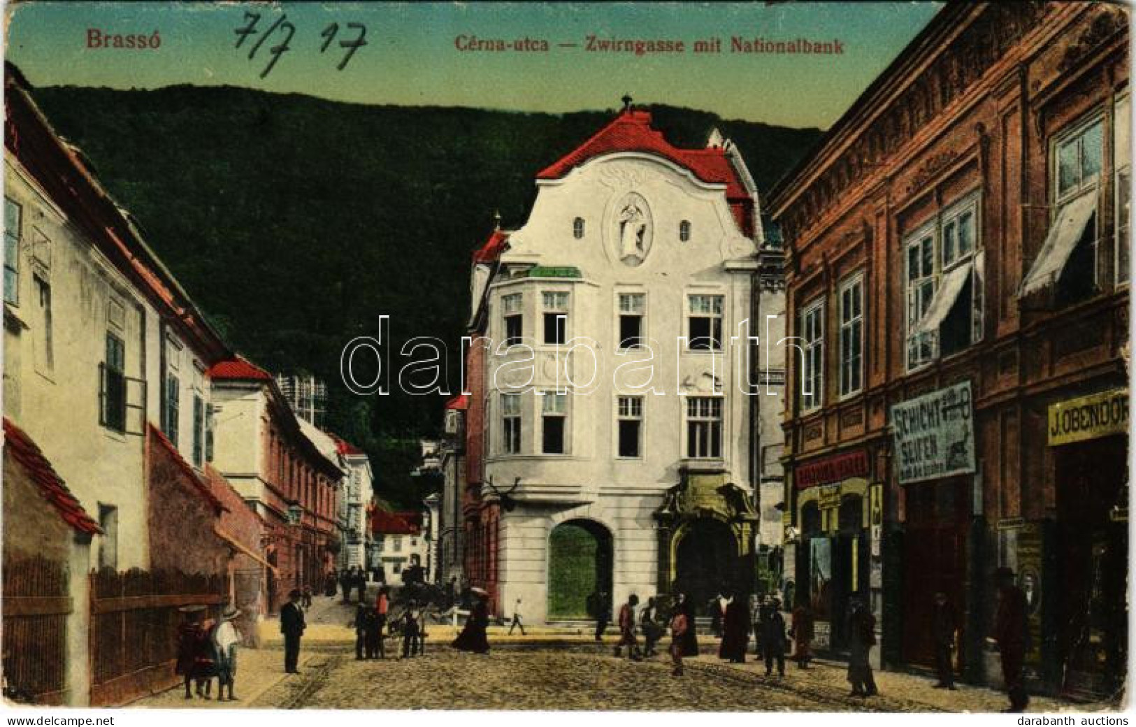T4 1917 Brassó, Kronstadt, Brasov; Zwirngasse Mit Nationalbank / Cérna Utca, Nemzeti Bank, Schicht Szappan, J. Obendorfe - Unclassified
