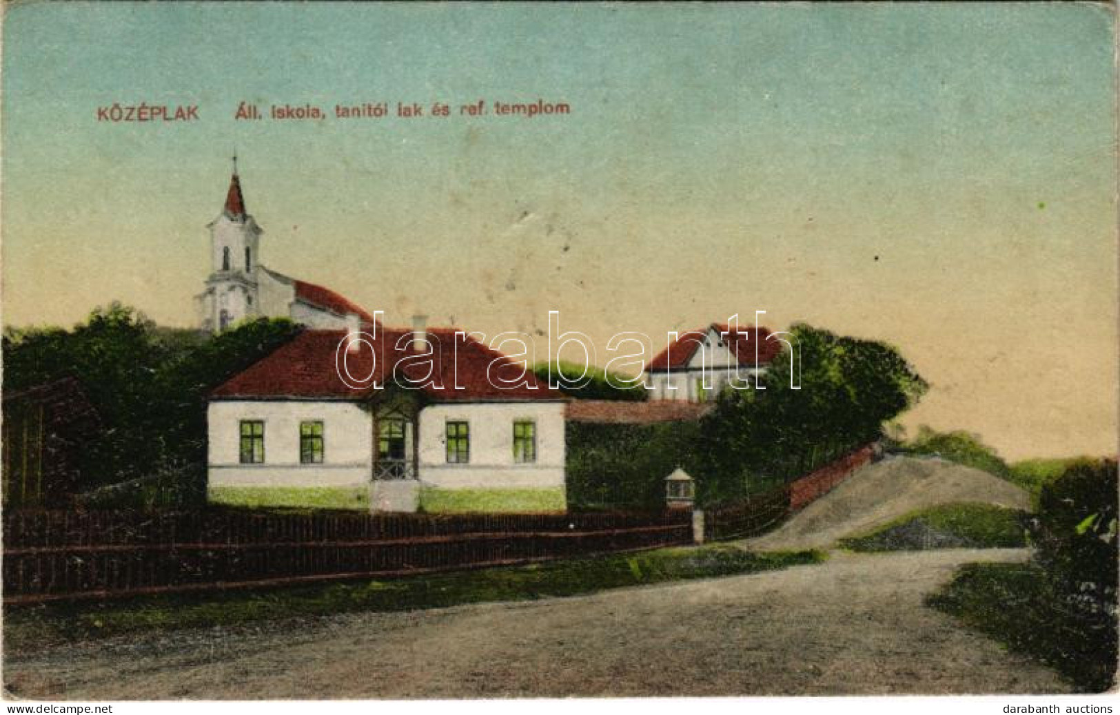 T2/T3 1928 Középlak, Cuzaplac (Szilágy); Állami Iskola, Tanítói Lak és Református Templom / School, Teacher's House, Cal - Unclassified
