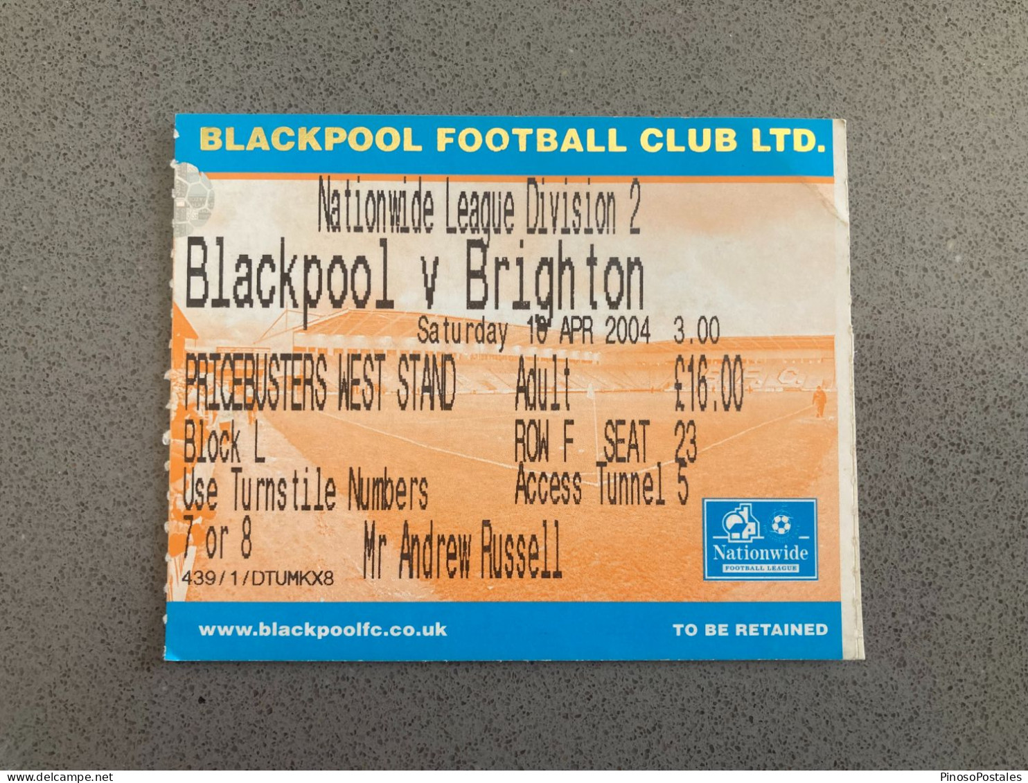 Blackpool V Brighton & Hove Albion 2003-04 Match Ticket - Tickets & Toegangskaarten