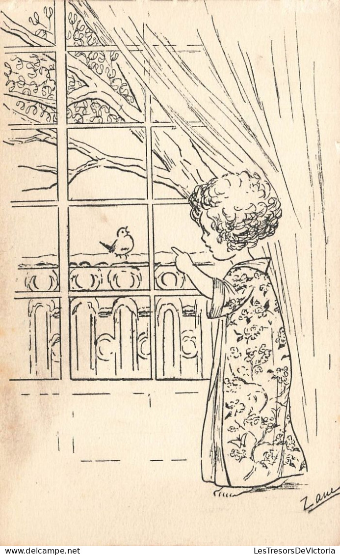 ENFANTS - Dessins D'enfants - Petite Fille Regardant Un Oiseau Par La Fenêtre - Carte Postale Ancienne - Kinder-Zeichnungen