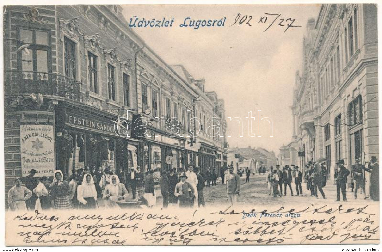 T2/T3 1902 Lugos, Lugoj; Deák Ferenc Utca, Epstein Sándor Kézműáru Raktára A Kék Csillaghoz, üzletek / Street View, Shop - Unclassified