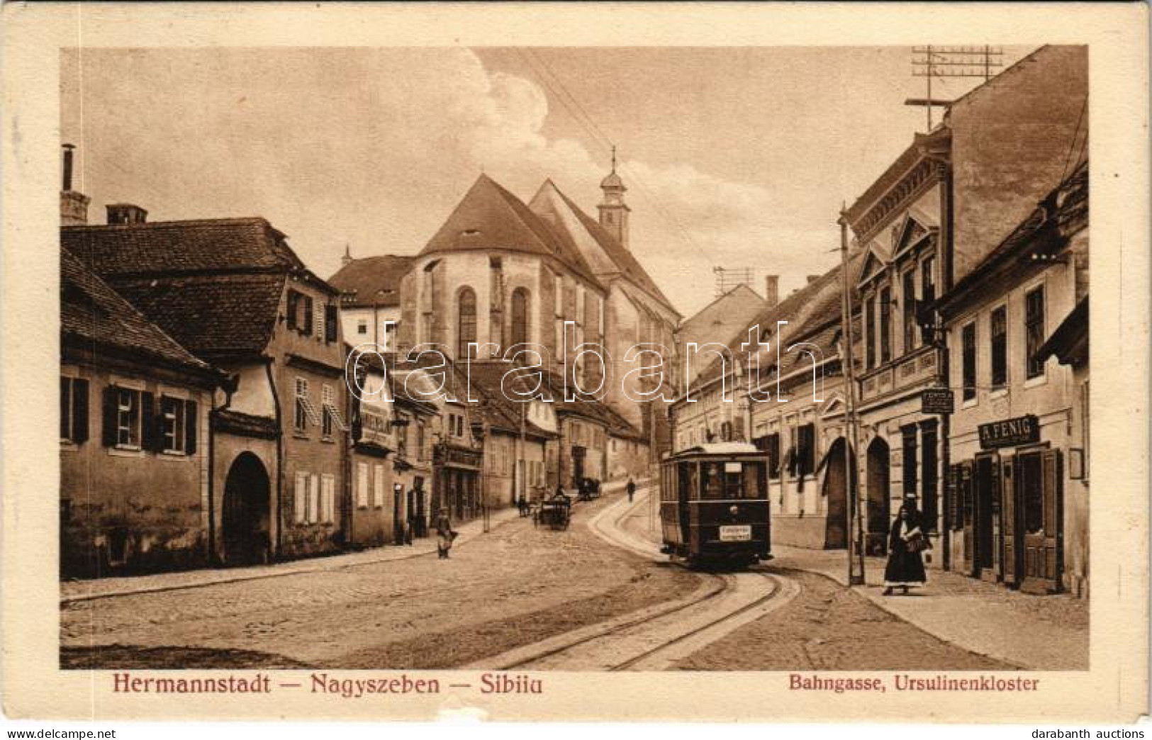 T3 1915 Nagyszeben, Hermannstadt, Sibiu; Bahngasse, Ursulinenkloster / Vasút Utca, Villamos, A Fenig üzlete, Emanuel N.  - Unclassified