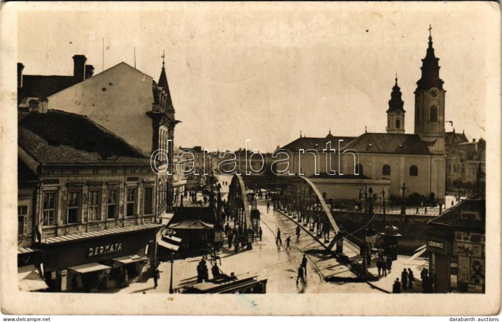 T3 1942 Nagyvárad, Oradea; Látkép A Kőrös Híddal, Dermata, Lőrincz üzlete, Villamos, Kerékpár, Templom / Cris Bridge, Sh - Unclassified