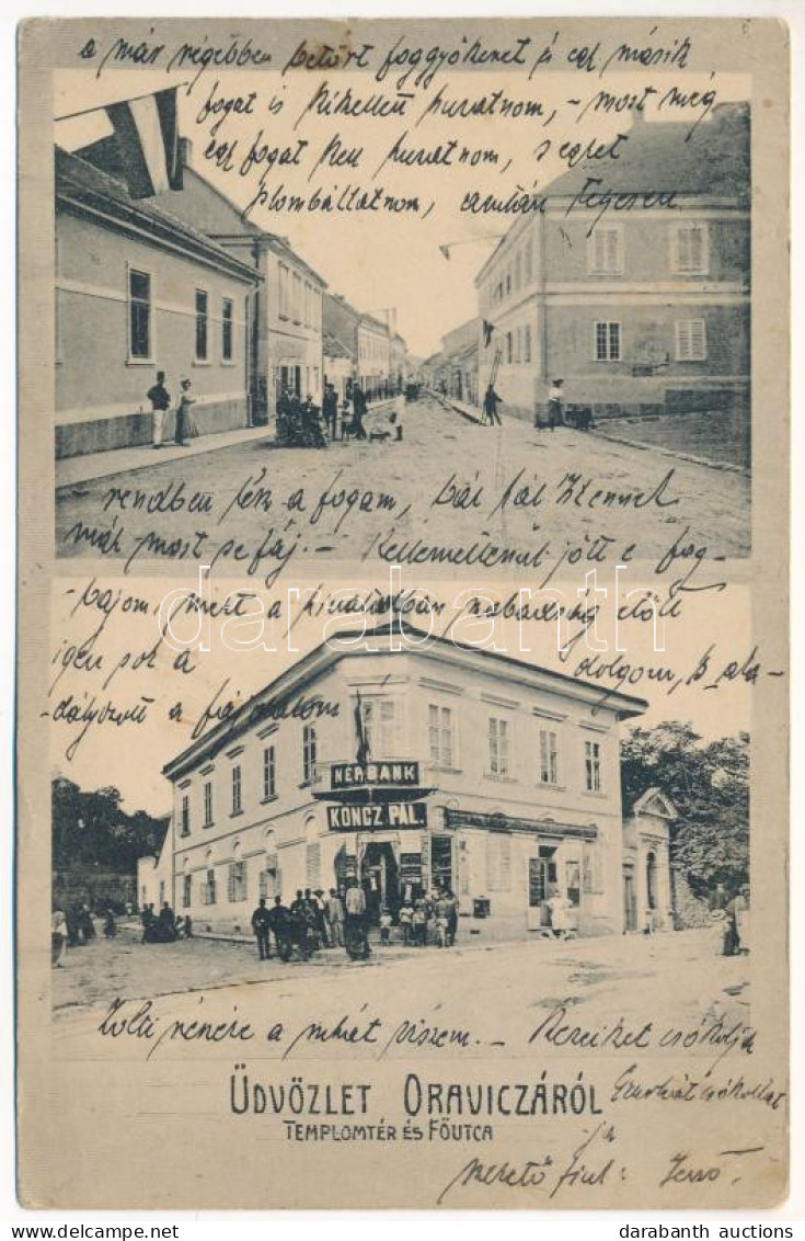 T2/T3 1911 Oravica, Oravita; Templom Tér, Fő Utca, Népbank, Koncz Pál üzlete / Square, Street, Bank, Shop (EK) - Unclassified