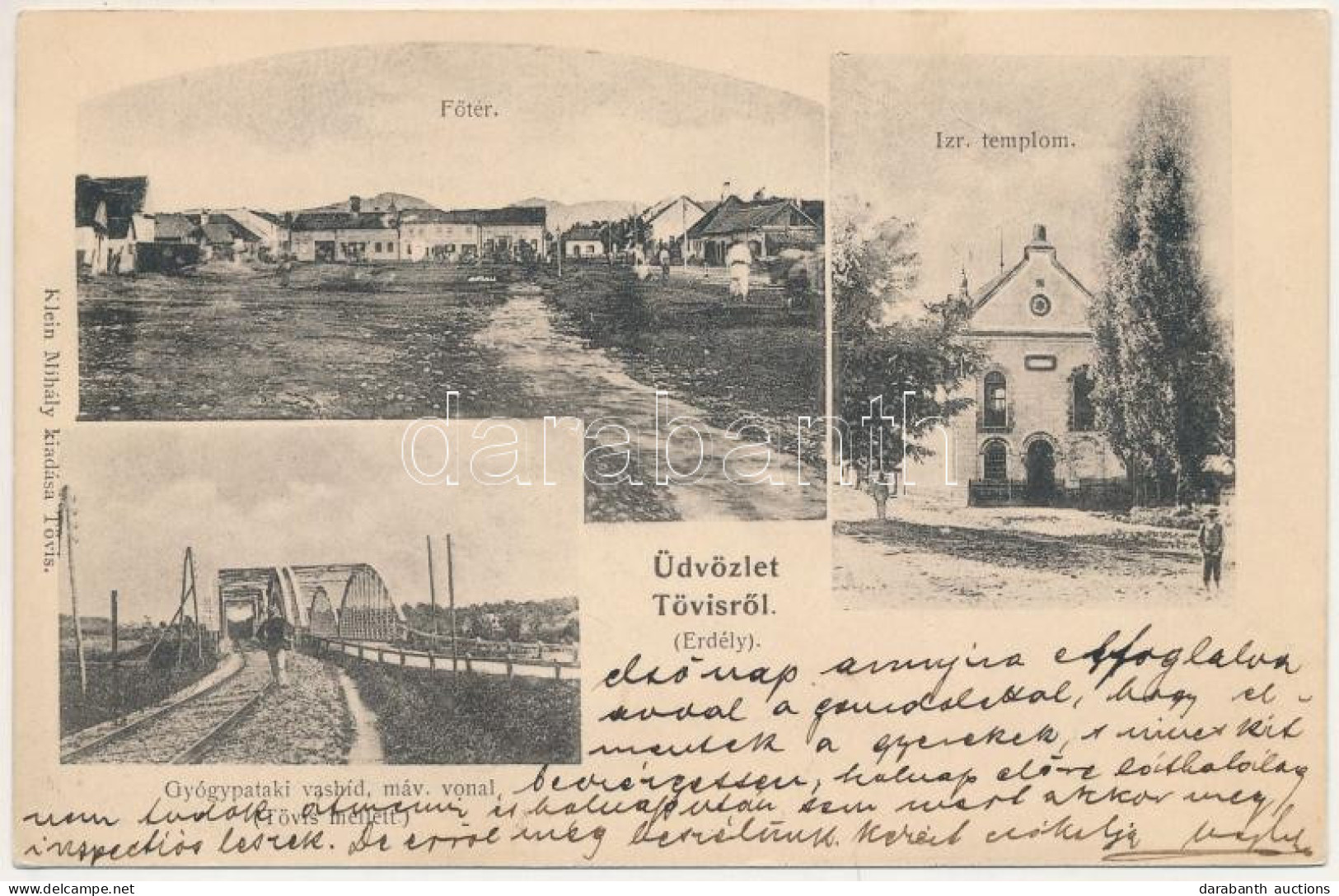 T2 1907 Tövis, Teius; Fő Tér, Izraelita Templom, Zsinagóga, Gyógypataki Vashíd, MÁV Vasúti Vonal. Klein Mihály Kiadása / - Unclassified