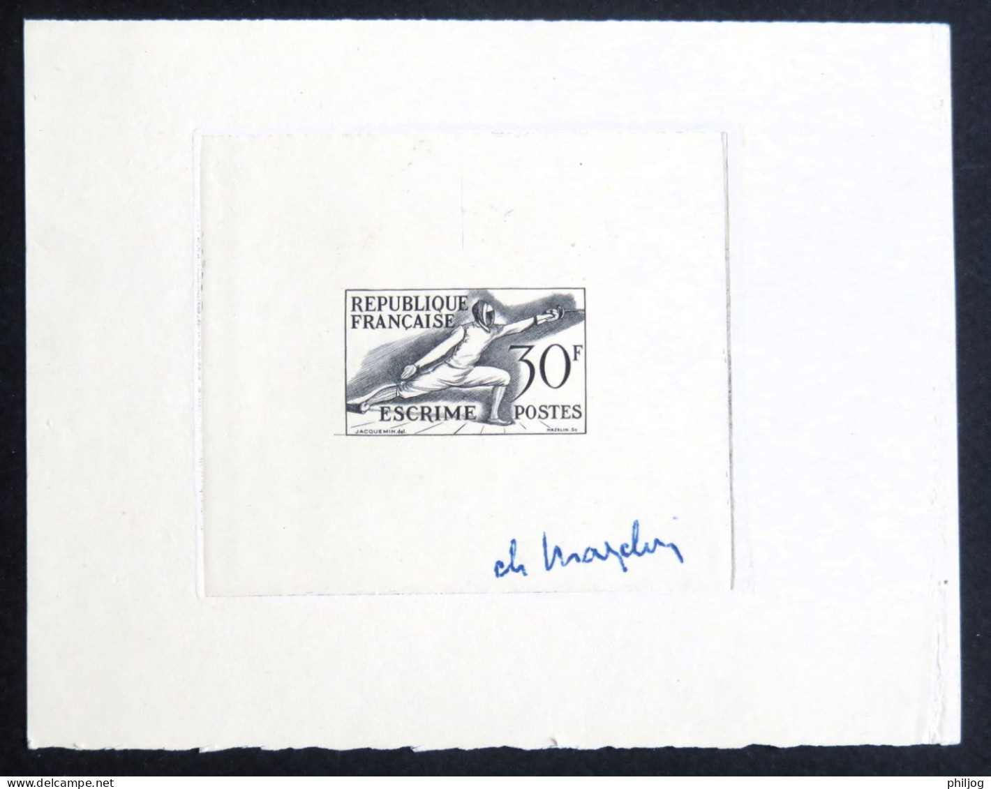 France 1953 - Yvert 962 épreuve D'artiste Signée (Ch. Mazelin) - Scott#702 - Escrime, Jeux Olympiques, Fencing - Artist Proofs