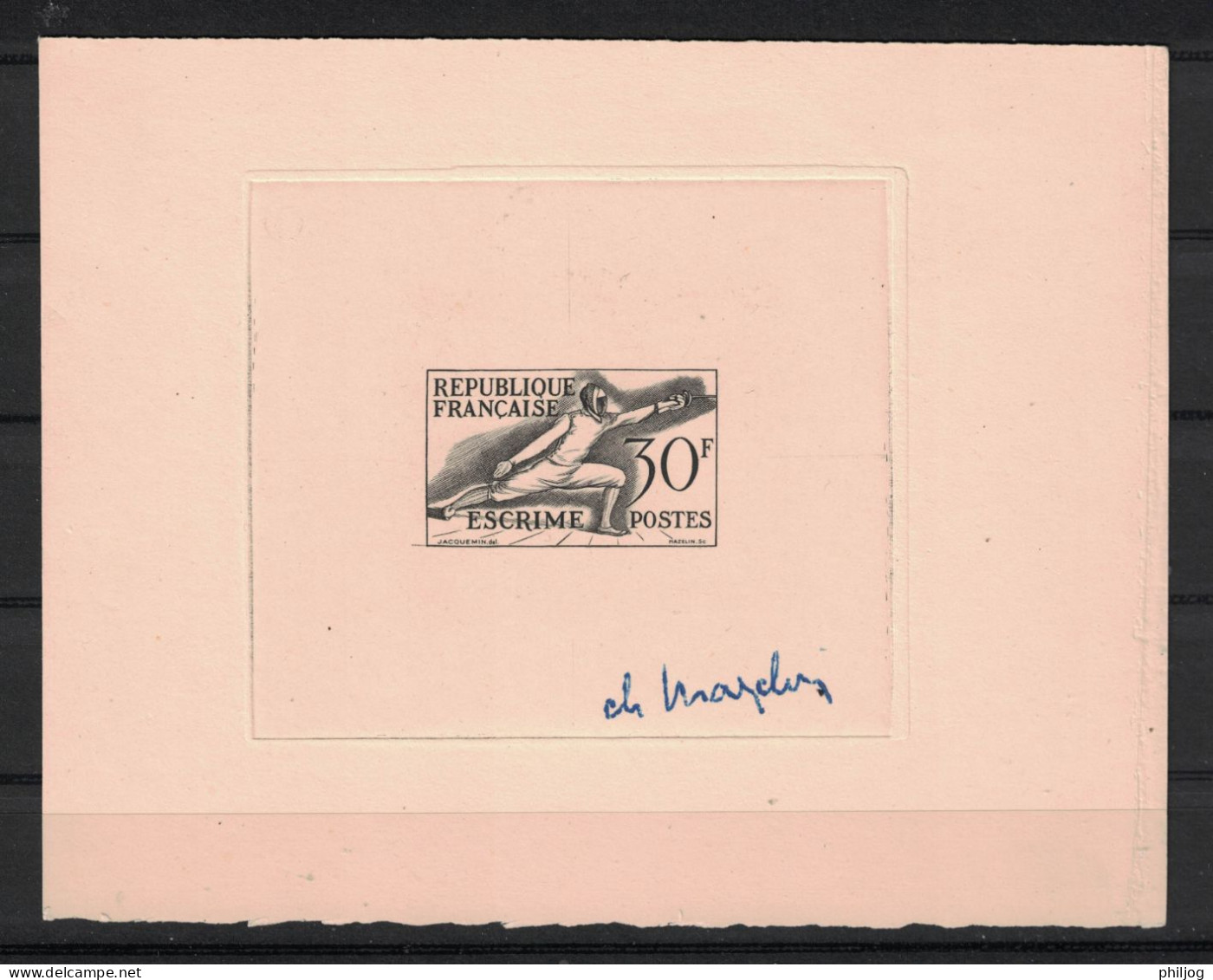 France 1953 - Yvert 962 épreuve D'artiste Signée (Ch. Mazelin) - Scott#702 - Escrime, Jeux Olympiques, Fencing - Artist Proofs