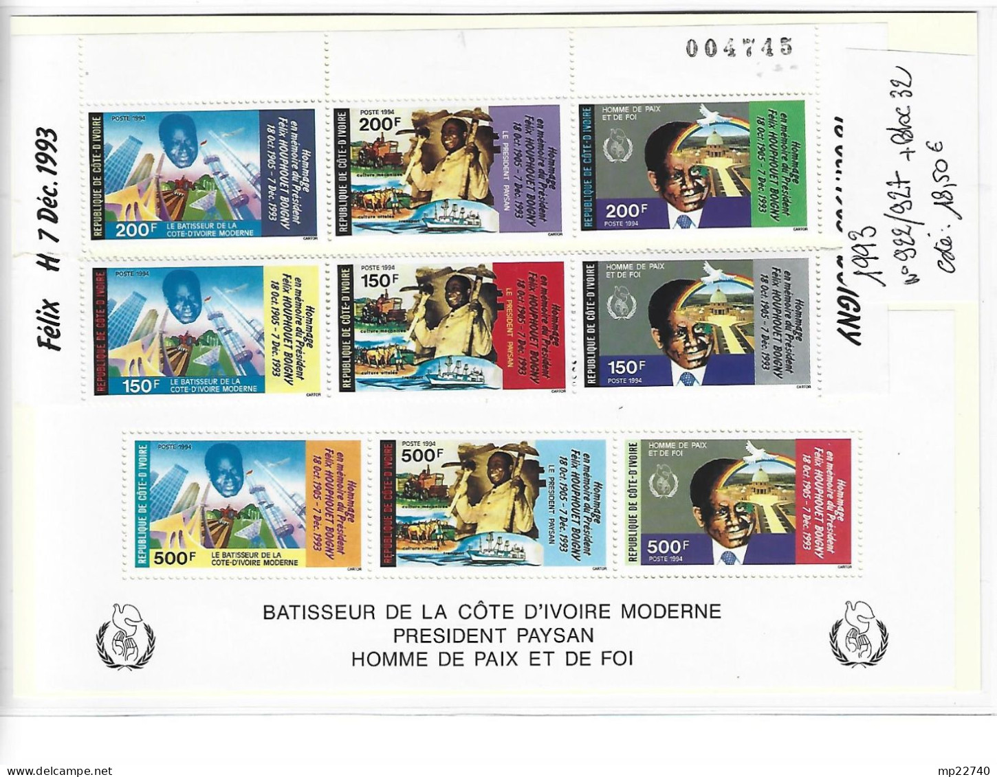 COTE D'IVOIRE 1993 PRESIDENT FELIX HOUPHOUET BOIGNY N° 922 / 927 + BLOC 32  ** MNH - Côte D'Ivoire (1960-...)