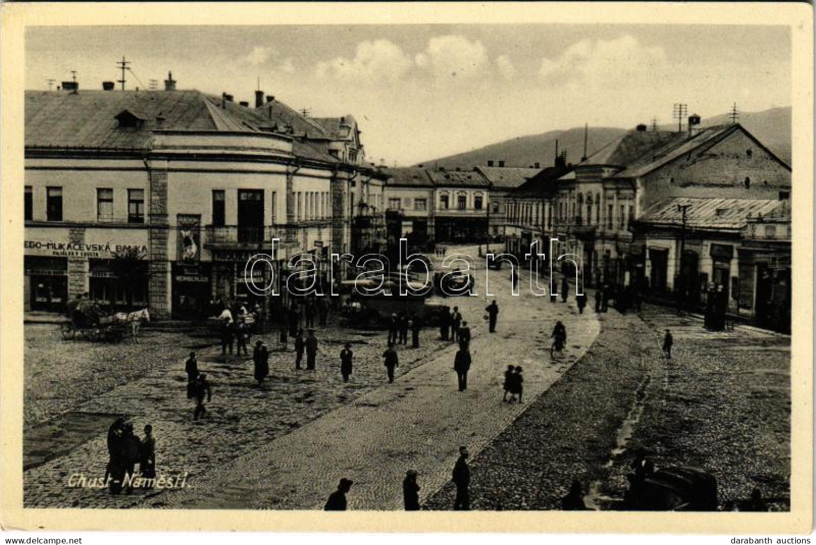 ** T2 Huszt, Chust, Khust; Fő Tér, Busz, Beregi-Munkácsi Bank, Weinberger Zsidó Kóser üzlete / Námestí / Main Square, Au - Ohne Zuordnung