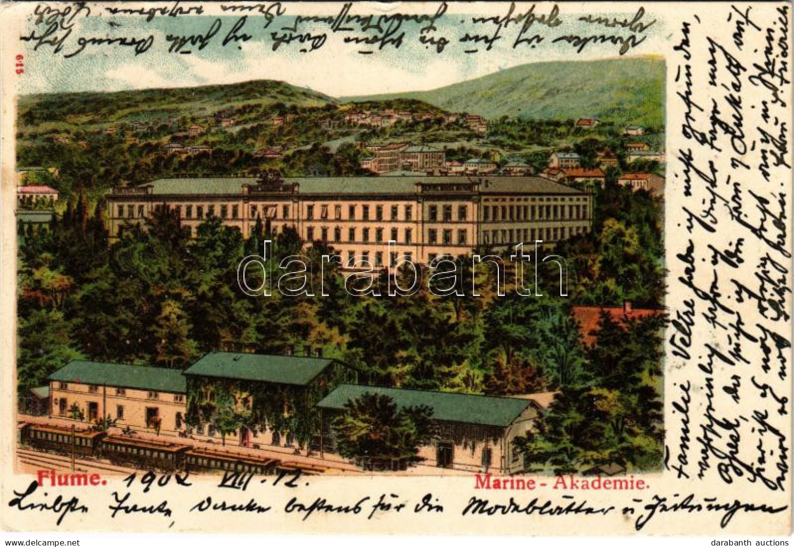 T2/T3 1902 Fiume, Rijeka; Osztrák-magyar Haditengerészeti Akadémia, Vasútállomás Vonattal / Academia Di Marina / K.u.K.  - Zonder Classificatie