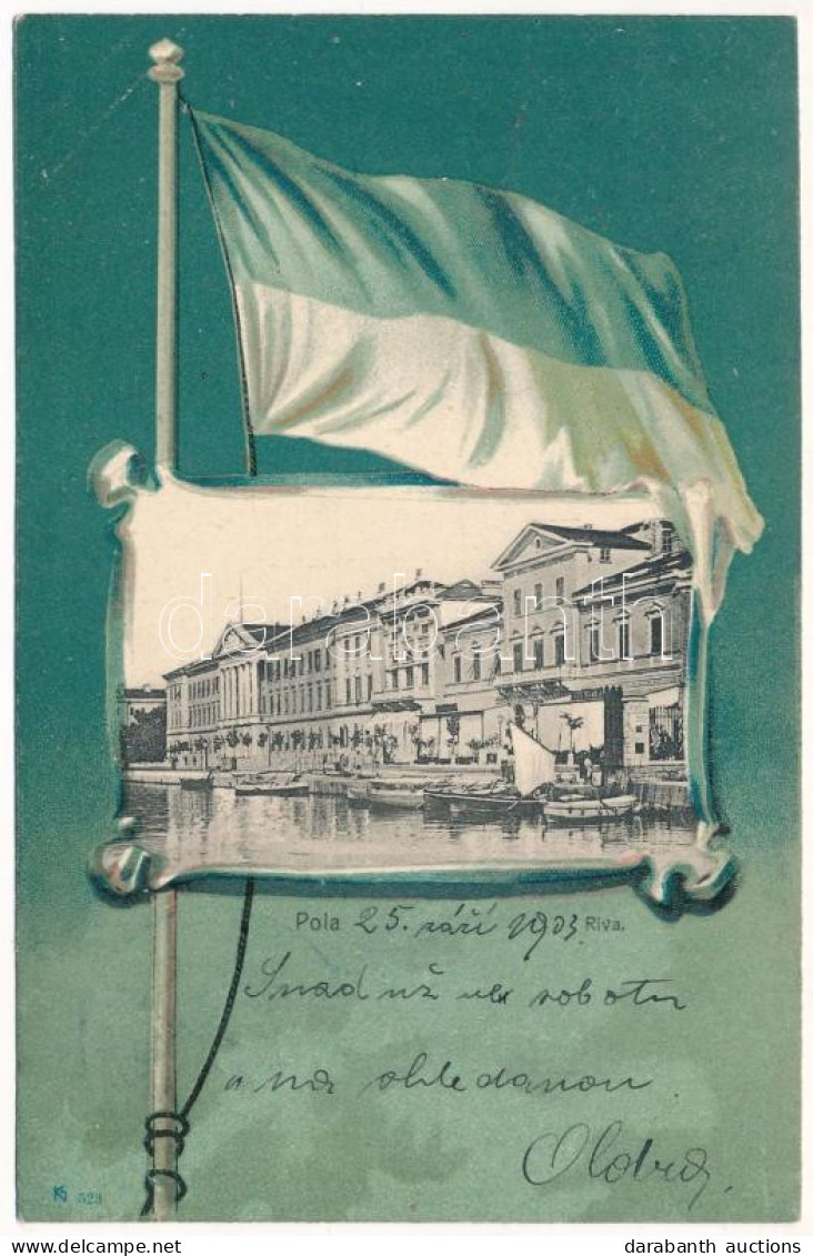 T2 1903 Pola, Pula; Riva, Caffe Miramar / Port, Cafe Shop. Dep. M. Clapis Art Nouveau Litho Flag - Non Classificati